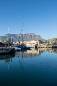 Serene view of Cape Town harbor with sailboats and iconic Table Mountain under a clear blue sky.